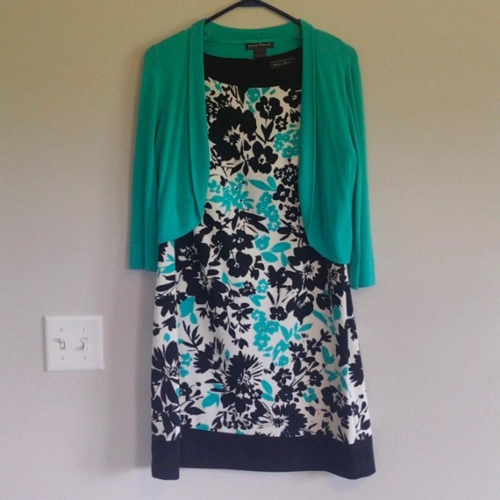 Jessica Howard Teal/Black Floral Print with Cardigan